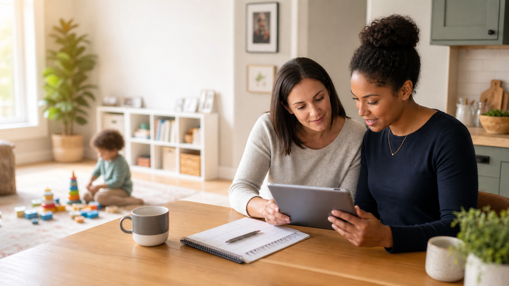 Parent and caregiver reviewing household timesheet records